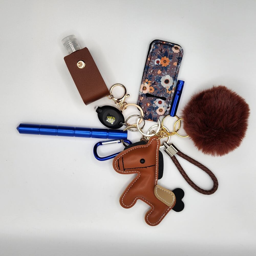 Faux Leather Horse Keychain Set with Floral Lip Balm Holder & Safety Accessories